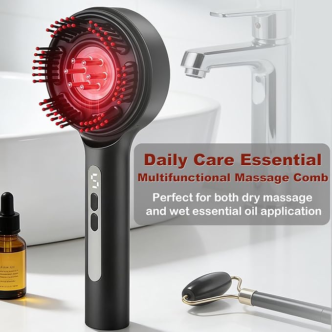 Electric Scalp Massager with Oil Applicator, 3-in-1 Head Massager Brush for Hair Care, Red Light Therapy, IPX7 Waterproof, Scalp Care Device for Home & Travel, Black