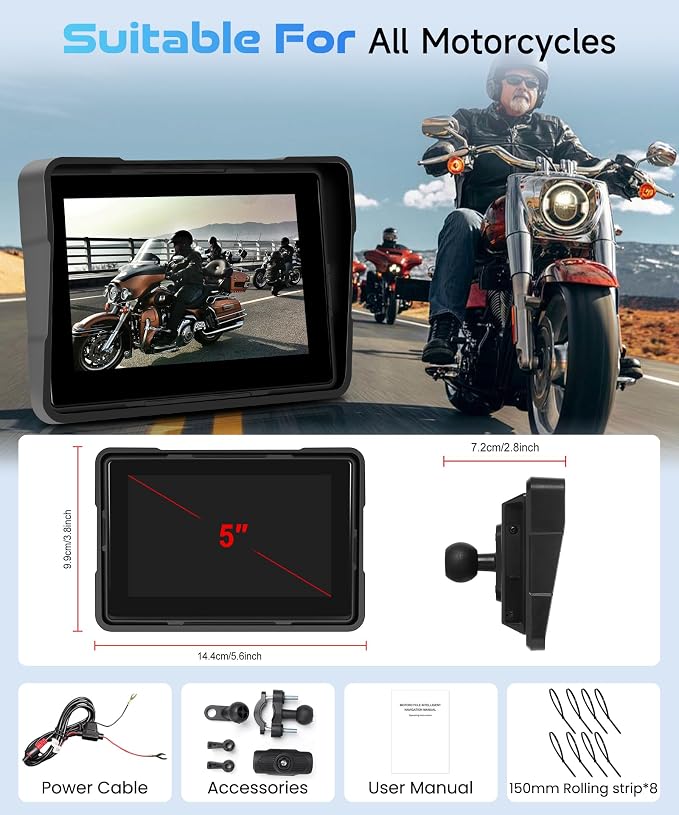 5 Inch Motorcycle Wireless CarPlay GPS Navigation System, Android Auto Portable CarPlay Screen for Motorcycle, Dual Bluetooth Car Play Moto, Si-ri, Goo-gle Assistant, IP67 Waterproof Moto Screen