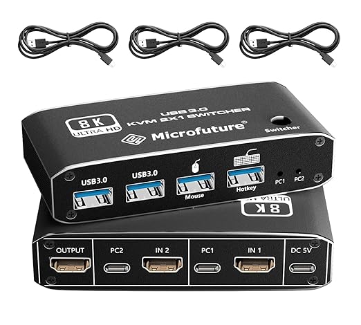 8K@60Hz KVM Switch 2X1, HDMI 2.1 for 1 Monitor 2 Computers, 4 USB3.0 Devices, USB C Selector With Hotkey, Supports 4K@120Hz, 2K@144Hz, 1080P@240Hz (2 USB 3.0 Cable Included)