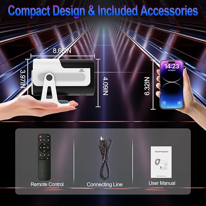 Mini Projector with WiFi and Bluetooth, Built-in App Smart Portable Projector 4K Support, Auto Keystone 180° Rotatable, Android 13 OS, Compatible with Smartphone/Laptop/TV Stick/HDMI/USB
