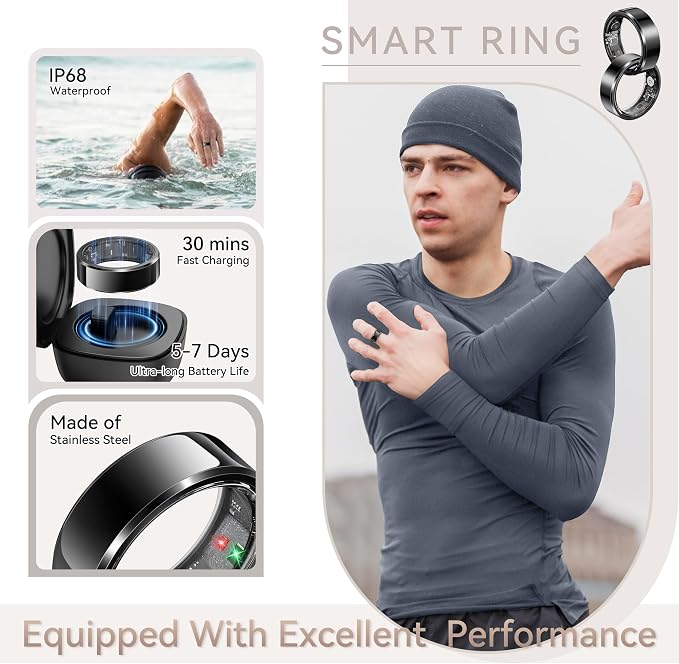Smart Ring for Men, Fitness & Activity Tracker with Blood Pressure/Heart Rate Monitor, Sleep Tracker, Step Counter, IP68 Waterproof Ring for iOS & Android, Fast Charge, No Subscription (Black,Size11)