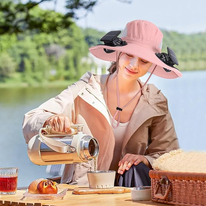Outdoor Solar Powered Fan Hat for Men Women Breathable Wide Brim Hat with 2 Fans UPF 50+ Fishing Hat Beach Bucket Sun Hat