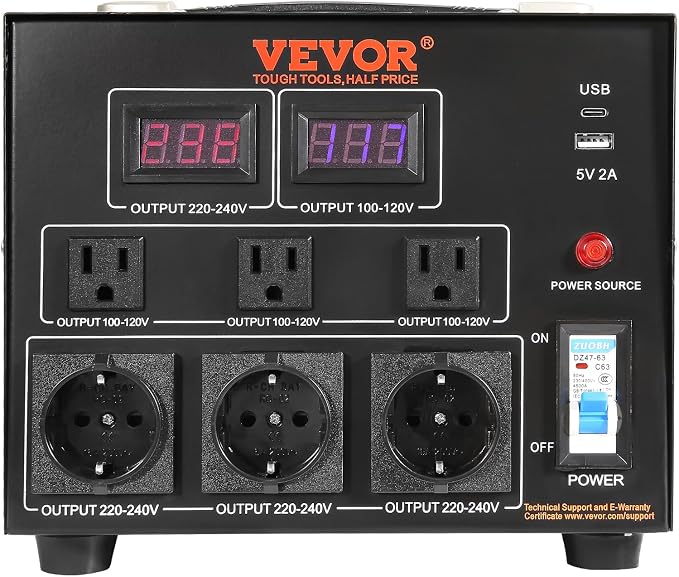 VEVOR Voltage Converter Transformer, 5000W, Heavy Duty Step Up/Down Transformer, Convert from 110 Volt to 220 Volt and from 220 Volt to 110 Volt, with US Outlet EU Outlet 5V USB Port, CE Certified