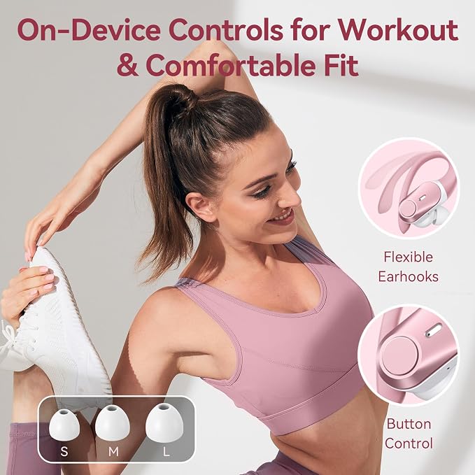 Active Noise Cancelling Ear Buds Wireless Earbuds 80H Playtime Bluetooth Headphones with LED Display Case, Hi-Res Audio Clear Calls Earphones with Over Ear Hooks for Running Gym Workout Rose Gold