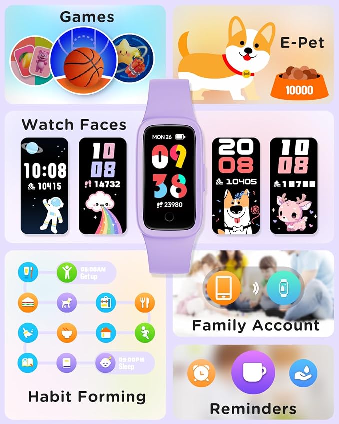 BIGGERFIVE Vigor 3 Kids Fitness Tracker Watch, AMOLED Screen, No App No Phone Needed, 3ATM Waterproof, Heart Rate and Sleep Monitor, Pedometer Watch, Sports Step Counter for Girls Ages 5-15, Lilac