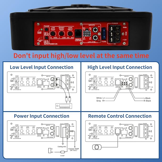 10" Slim Car Subwoofer 1200W Underseat Powered Subwoofer Car Audio Subs for Trucks Active Bass Speaker for Car Built-in Amplifier with Blue LED Ambient Light Low & High Level Inputs