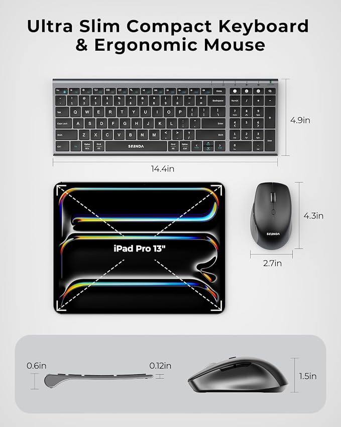 seenda Wireless Bluetooth Keyboard Mouse Combo, COE401 Rechargeable Silent Keyboard Mouse Compact Slim, 3 Multi-Device Connection, Compatible for Windows/Mac PC Laptop MacBook iPad, Black Gray