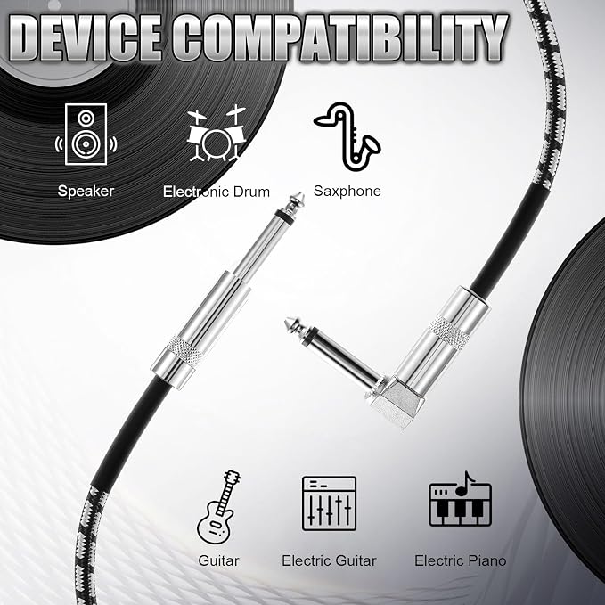 6 Pack 10ft Multicolored Guitar Cables, Durable Instrument Cords for Guitar, Bass, Keyboard – Quality Copper & PE Material, Flexible Design for Easy Performance Setup