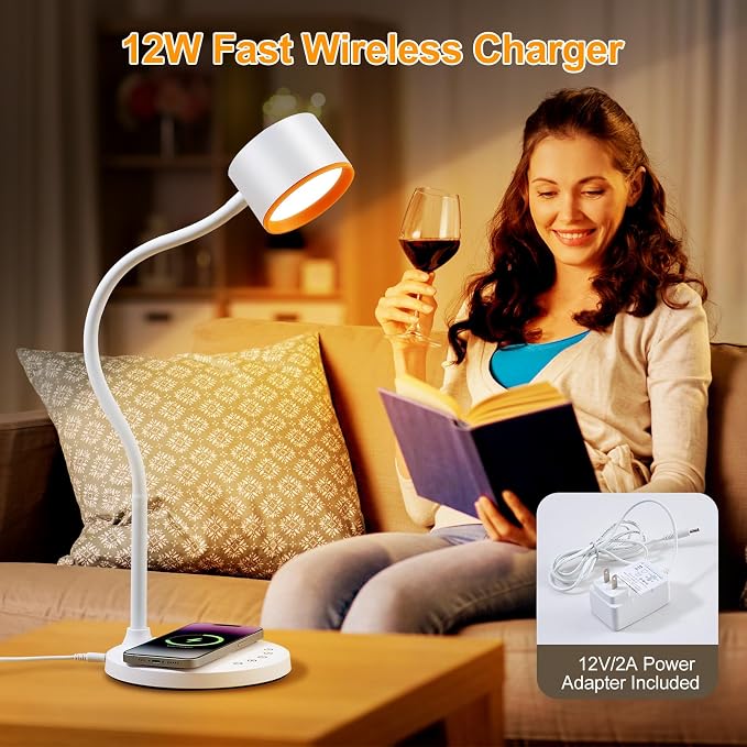 LED Desk Lamps for Home Office, Desk Lamp with USB C + A Dual Charging Ports, Wireless Charger, 5 Colors Dimming Reading Lamp Timer/Memory Touch Bedside Table Lamp for Bedroom College Dorm Room White