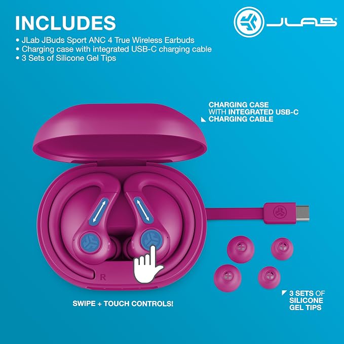 JLab, JBuds Sport ANC 4, True Wireless Earbuds, Active Noise Cancelling, Multipoint Connect, Pink