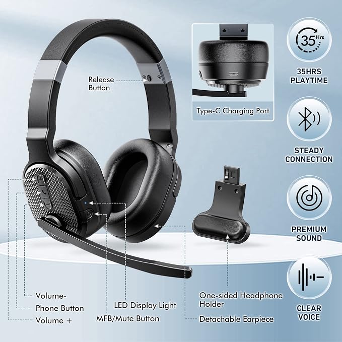 COSMUSIS Trucker Bluetooth Headset with Dongle, Wireless Headsets with Noise Cancelling Microphone, 50+Hrs HD Talktime Bluetooth Headphones with Detachable Earpad/Single+Dual Mode for Office/Driving