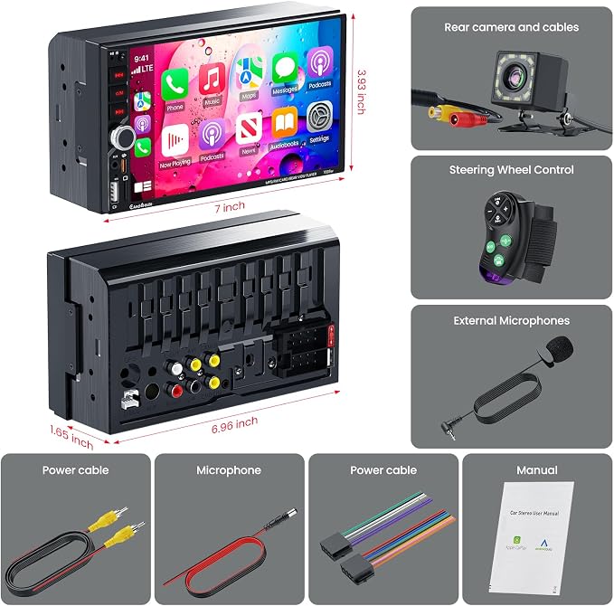 7" Double Din Car Stereo with Wireless Apple CarPlay & Android Auto,QLED IPS Touchscreen Double Din Radio,1080P Backup Camera, Voice Control, Type-C Fast Charging,Bluetooth 6.0, GPS, AM/FM, EQ