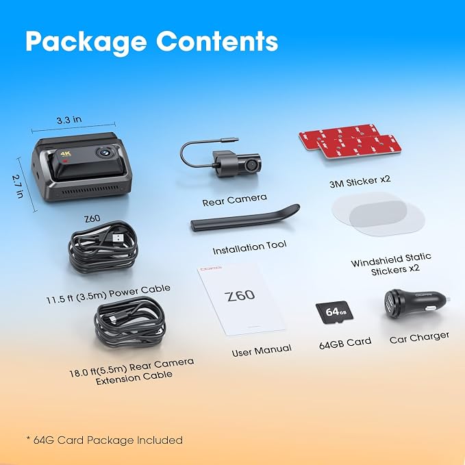 DDPAI Z60 4K Dash Cam Front and Rear, Built-in 32GB eMMC, Free 64GB Card Included, Dual Dash Camera for Cars, AI ISP Night Vision 2.0, 5GHz WiFi, GPS, G-Sensor, 7 Days AOV Parking Mode, 3" IPS, ADAS