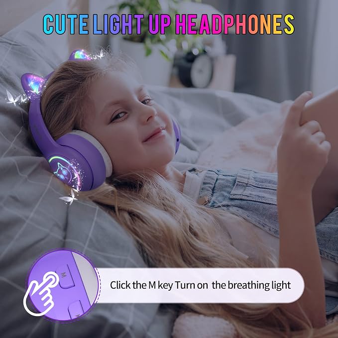 IFECCO Kids Headphones with Microphone Light Up Cat Ear Bluetooth Wireless Headset Volume-limiting for Girls Boys for School Gifts with Case