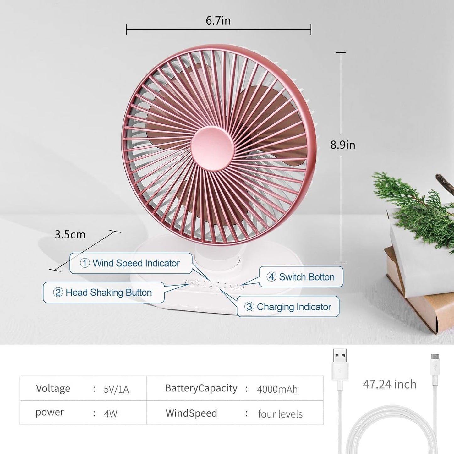 CONBOLA Small Desk Fan for Bedroom, 4000mAh Battery Powered Rechargeable Fan, 90° Vertical Manual and 120° Oscillating Fan, 4 Speeds Quiet Air Circulator Table Fan for Home Office, Pink