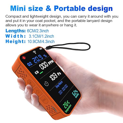 7-in-1 Portable Oxygen Detector for Indoor and Outdoor,288H Standby,O2 Detector with O2,Temperature,Humidity,Illumination,Room Oxygen Monitor for Car,RV,Camping,Travel (Orange)