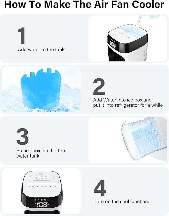 PNTCK 41" Evaporative Air Cooler, Bladeless Tower Fan Cooling Fan with 3 Speeds & 5 Modes, Ice Packs, 12H Timer, Remote, 80° Oscillating, 3-IN-1 Swamp Cooler for Bedroom Office Large Room
