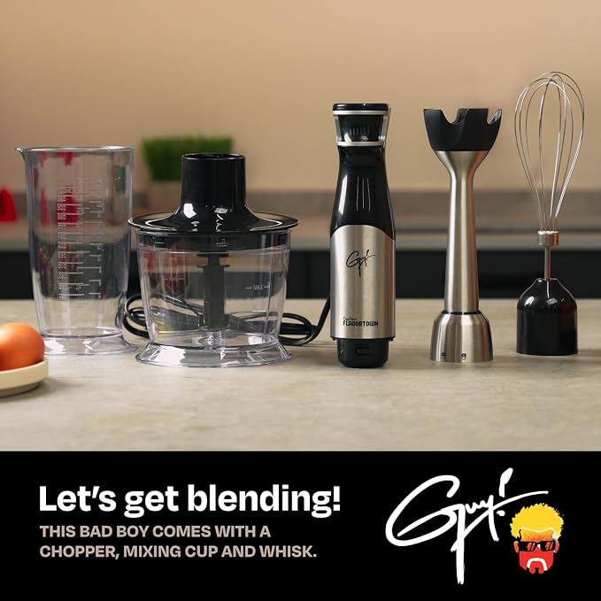 Guy Fieri's Flavortown Immersion Blender with DynamicShaft Technology, 400W & One-Hand Speed Control – Perfect for Soups, Sauces, Smoothies, Baby Food & More – Hand Blender & Electric Whisk