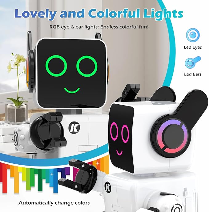 Rechargeable RC Robot Toy for Kids - Interactive Intelligent LED Light, Speaks, Dances, Built-in Coin Bank (White)