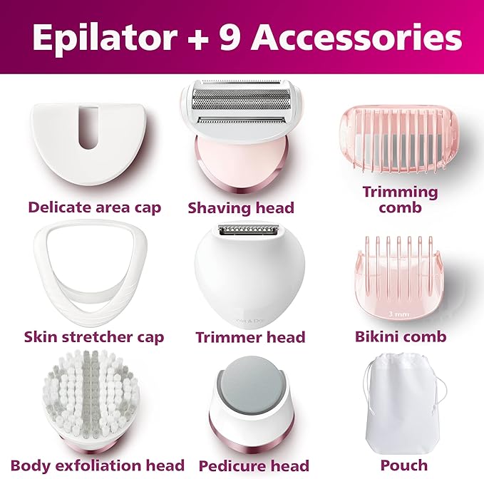 Philips Epilator Series 8000 5 in 1 Shaver for Women, Trimmer, Pedicure and Body Exfoliator with 9 Accessories, BRE740/14