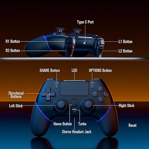 CHEREEKI Wireless Controller for PS4 with Hall Effect Joystick 2 Macro Buttons Vibration Feedback Motion Sensor 1000 mAh Battery Touchpad 3.5mm Headphone Jack Black