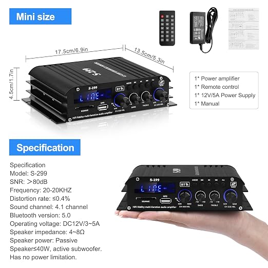 Audio Power Amplifier for Home Speakers -S-299 Bluetooth 5.0 Power Amp 4.1 Channel RMS 40Wx4 Subwoofer AMP DC 12V/5A Mini Integrated Digital Amplifier with USB/SD & AUX Jack