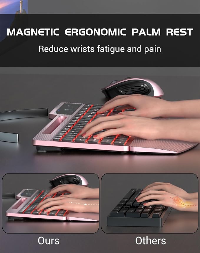 Wireless Keyboard Mouse Combo, Full Size Quiet Ergonomic Keyboard with Calculator, Backlit, Wrist Rest, Phone Holder, 2.4Ghz Silent Rechargeable Keyboard & Mouse for Laptop, PC, Windows (Pink Black)