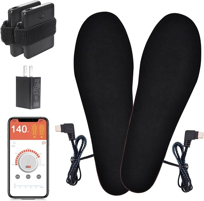 App-Controlled Heated Insoles for Men & Women, Rechargeable 5000mAh Battery, 4 Custom Heat Settings, Foot Warmers for Skiing, Hunting, Winter Work (L (8-12))
