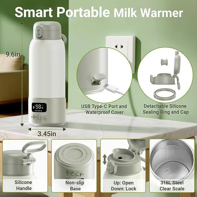 Portable Bottle Warmer, 17oz Large Capacity Milk Warmer for Baby, Fast Heating for Breast Milk & Formula & Water, Long Battery Life Portable Milk Warmer for Travel with Pasteurization, Green