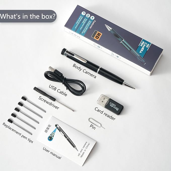 SRVR Hidden Camera Pen — 1080P Spy Pen Camera with Video Recording | 32GB Local Storage, 120-Min Battery, Portable Mini Body Camera | For Meeting & Home Monitoring (Bright Silver)