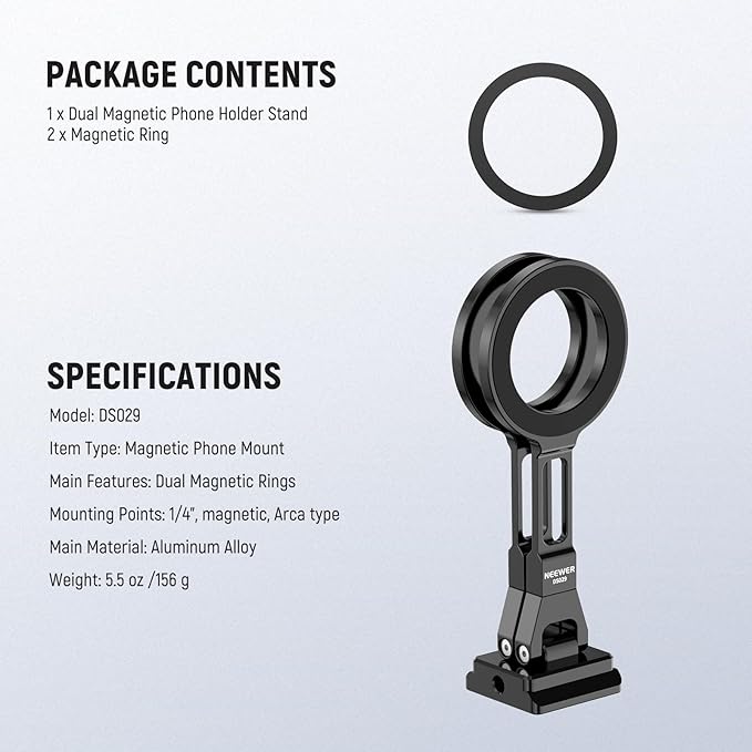 NEEWER Dual Magnetic Phone Holder Stand Tripod Mount with Arca Type Base, Metal Lightweight Portable Camera Cellphone Attachment Compatible with MagSafe iPhone Samsung Android Video Recording, DS029