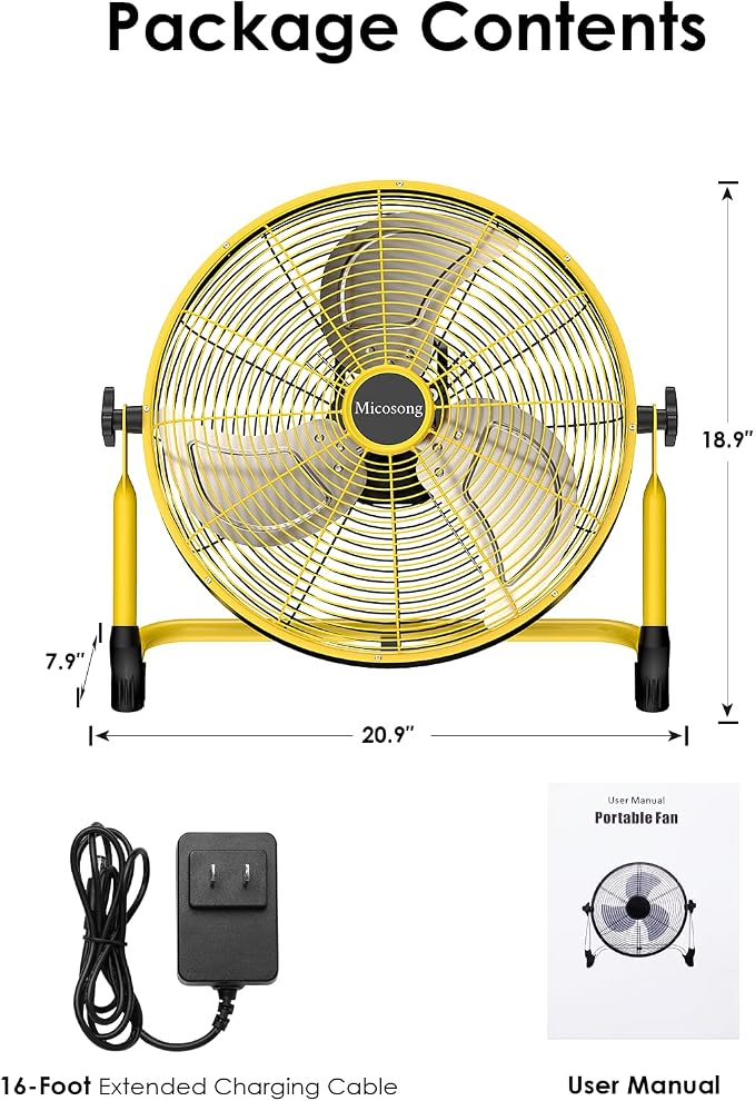 18'' Portable Battery Operated Fan, Cordless Camping Floor Fan Outdoor, Long Lasting Rechargeable Battery Powered Fan, 360° Tilt, USB Output, Wireless, for Home Gazebo Greenhouse Outside Gym