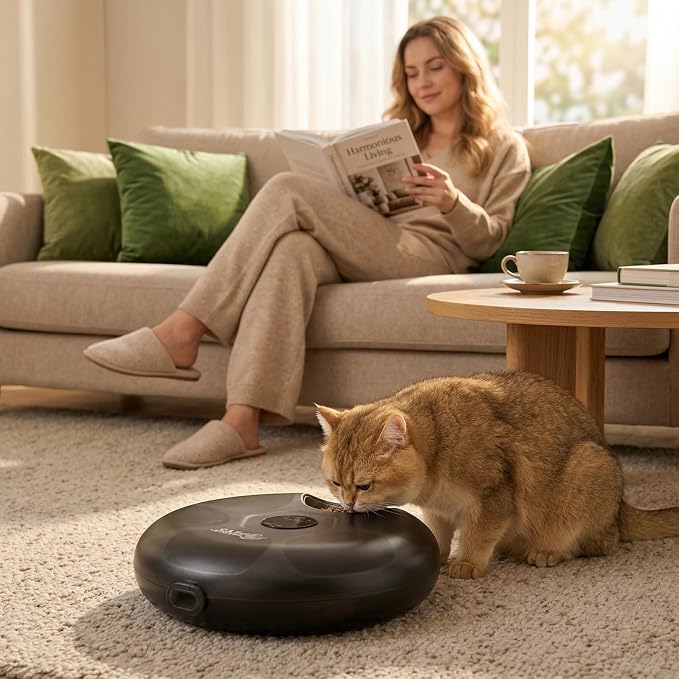 Ownpets 6 Meals Automatic Cat Feeder for Wet/Dry Food, with 2 Ice Packs, Programmable Timed Pet Feeder, Cordless Rechargeable Battery Auto Feeder for Cats/Small Dogs (Black)