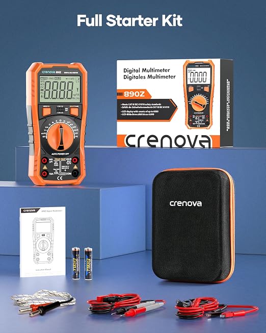 Crenova 890Z Digital Multimeter, 6000 Counts TRMS Multimeter Tester, DC AC Voltmeter Ohmmeter, Measures Voltage Current Capacitance Diodes Continuity Resistance Transistor Temperature with NCV