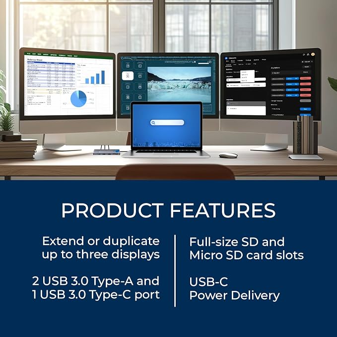 OREI SplitXtend USB C Docking Station Triple Monitor with 3xHDMI Ports, Thunderbolt 4 Dock, HDMI DisplayPort Hub, Dual Monitor HDMI Adapter Extend, USB C Splitter, 100W PD, SD Card Reader, 4K Output