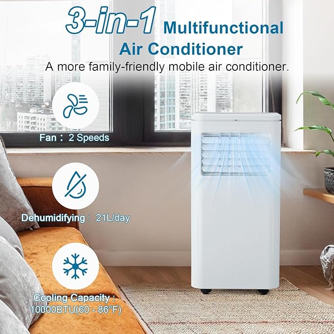 10000 BTU AC Unit, 3-in-1 Portable Air Conditioner with Cooling, Dehumidifier & Fan for Rooms up to 350 sq.ft, Sleep Mode, Remote Control&Timer, Window Kit