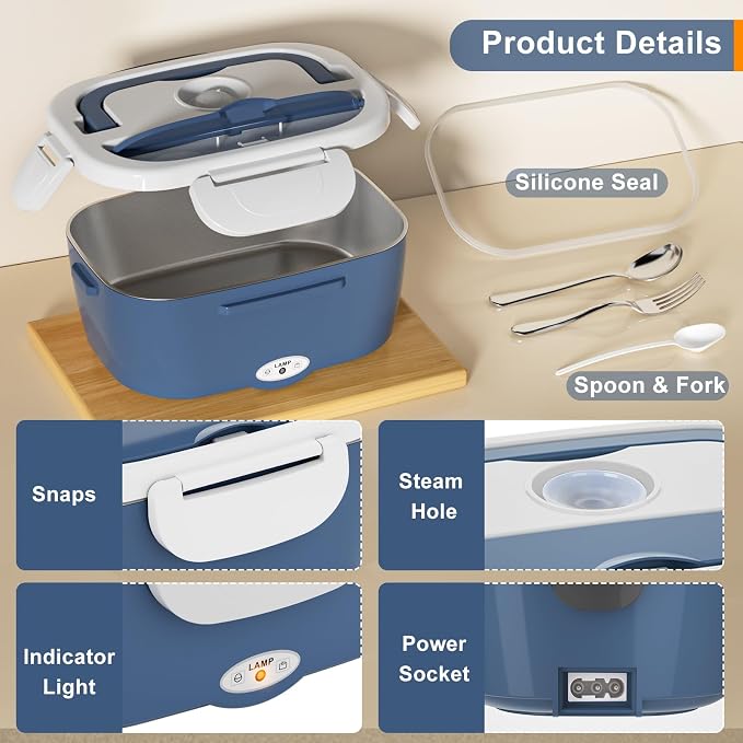Akhia Electric Lunch Box for Adults, 80W Rapid Heated Lunch Box for Car/Truck/Office/Travel with 1.5L Stainless Steel Container Fork & Spoon & Insulated Bag, 12V/24V/110V