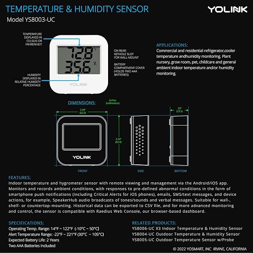 Smart Wireless Temperature Sensor/Humidity Sensor Wide Range (14 to 122 Degrees) for Fridge Monitoring Pet Cage/Tank Monitoring, Smartphone Alerts, Compatible with Alexa IFTTT - Hub Included