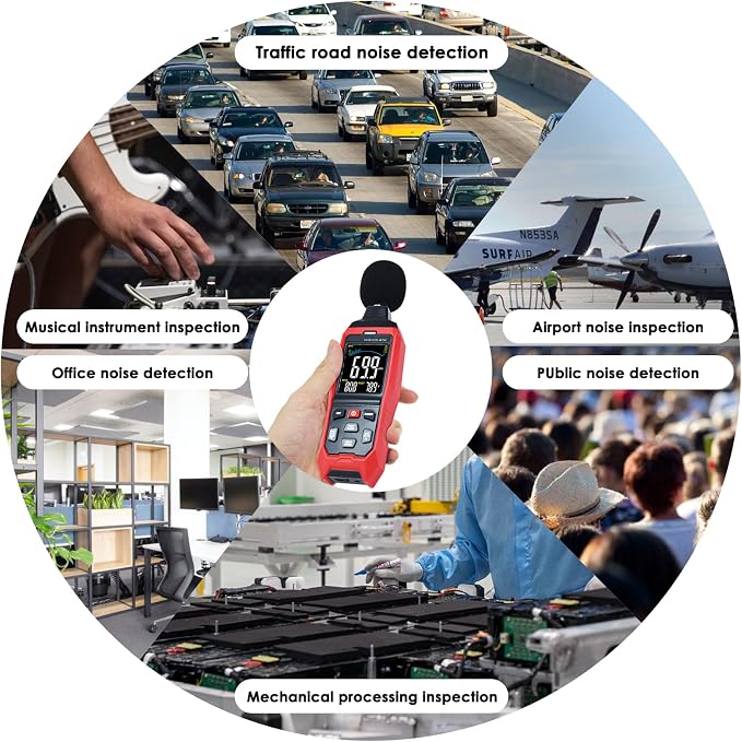 Decibel Meter with Data Logging Sound Decibel Meter Data Logger, 30~130dB Sound Level Meter with Audible Visual Alarm, Sound Meter with Export Data, PC Connection, Temperature, Analog Bar Indicator