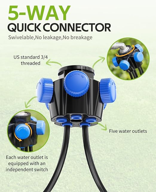 HIRALIY 100FT Pressure Compensating Irrigation System with Garden Timer, New Quick Connector Garden Watering System, Irrigation Kit for Plants, Watering Regularly by Timer
