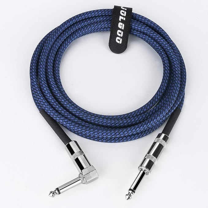 JOLGOO 1/4 Inch Cable Guitar Cable 10 Ft Straight to Right Angle 1/4 Inch 6.35mm Plug Bass Keyboard Instrument Cable Blue and Black Tweed Cloth Jacket, Electric Mandolin, pro Audio