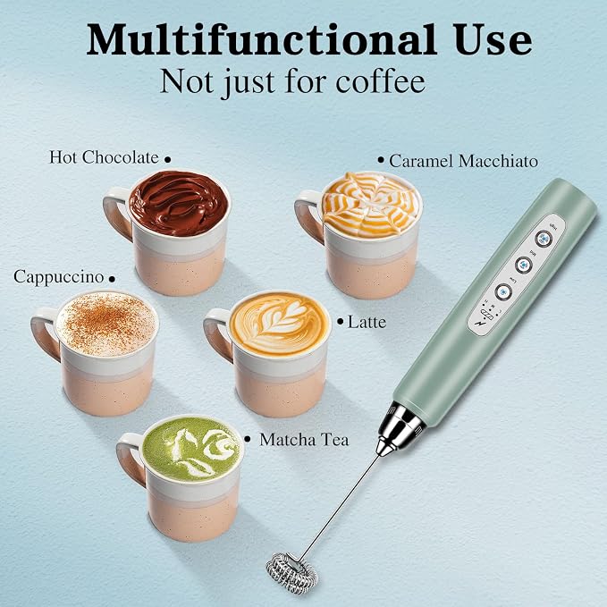 BSRGMS Milk Frother Handheld for Coffee, Electric Whisk 3 Speed Adjustable, Drink Mixer with Stainless 3 Whisks, Rechargeable Hand Frother Wand, Foam Maker for Latte Cappuccino Hot Chocolate Egg Green