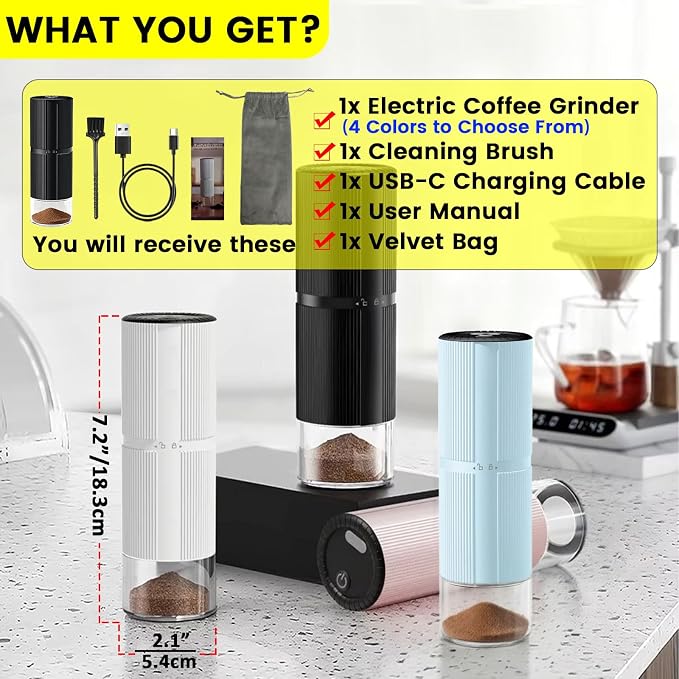Portable Electric Coffee Grinder, 7-Blade Conical Stainless Steel Burr, 30+ Adjustable Settings, USB-C Rechargeable Cordless Handheld Metal Shell for Espresso & Travel - Blue