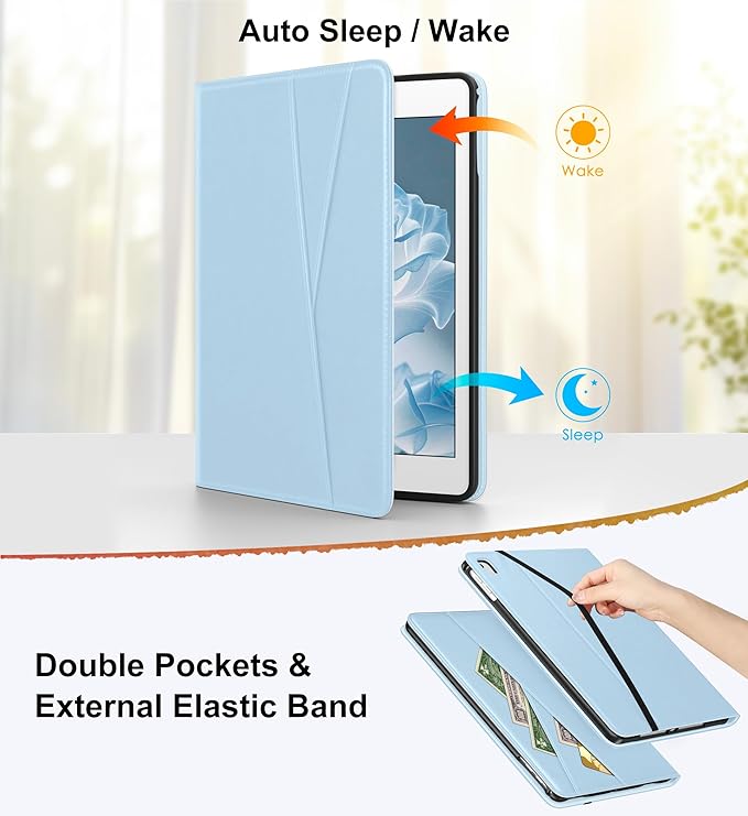 DTTO Rotating Case for iPad 6th / 5th Generation 9.7 Inch 2018/2017, iPad Air 2 / Air 1 Case, 360 Degree Swiveling Premium Leather Folio Stand Cover with Pencil Holder - Auto Wake/Sleep, Ice Blue