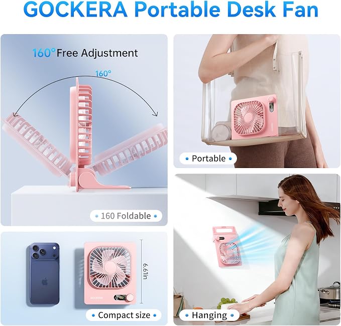 GOCKERA Desk Fan, 6.61''Ultra-thin Battery Powered Fan with Powerful Wind,100 Speeds Adjustable&Digital Display,Timer,Ultra-quiet Small Portable Fan for Bedroom,Office,Travel (Pink, 5000mAh)