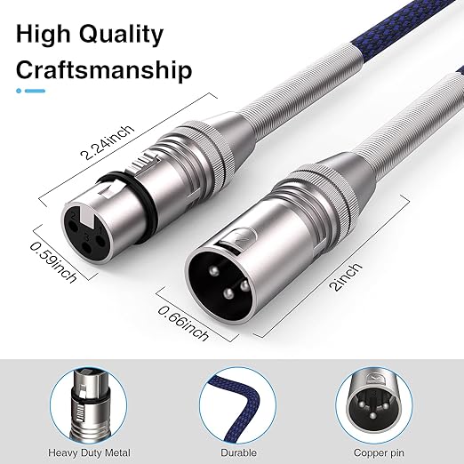 XLR Cable 50ft, Multi-Color Heavy Duty Nylon Braided XLR Male to Female, Microphone Cable 3 Pin Balanced XLR Cable Compatible with Speakers, Microphones, Stage Lighting and More - Blue