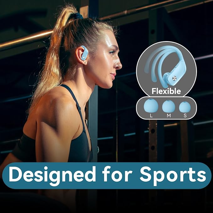 bmani Ear Buds Wireless Earbuds Bluetooth Headphones with 80H Playtime LED Display Case, Over-Ear Hook with Mic, Stereo Sound, Easy Button Controls, Sports Earphones for Running Workout Sky Blue