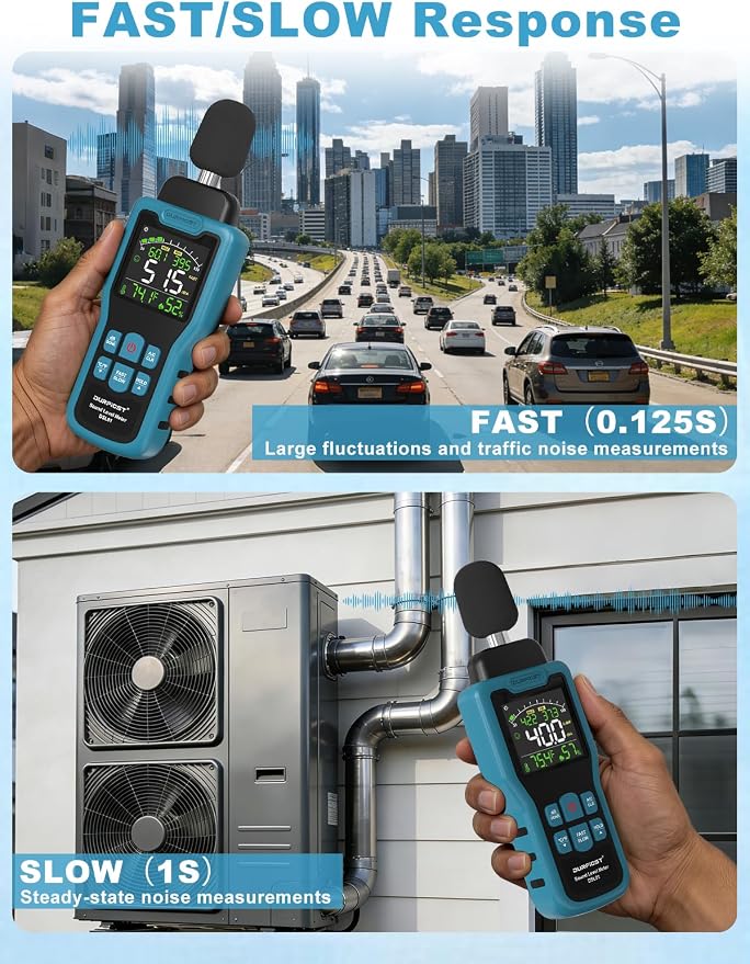 Decibel Meter, DURFICST Sound Level Meter 30-130dB, SPL Meter with Temperature & Humidity, A/C Weighted DB Meter with dB/SONE, Fast/Slow, MAX/MIN, for Home, Office, Factory, Neighbor Noise