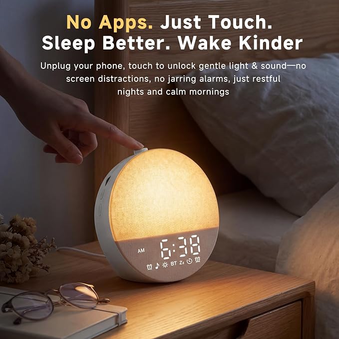 Geuuap Sunrise Alarm Clock White Noise Machine | Natural Wake-Up Light for Bedroom with 30 Soothing Sleep Aids, Bluetooth Speaker, Dimmable Clock, Screen-Free Design for Baby Adults Kids-Grey