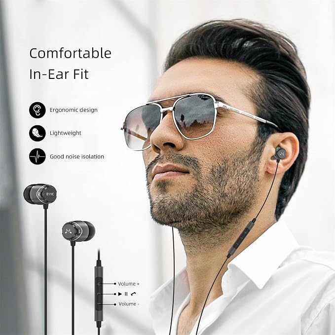 SoundMAGIC E11C Wired Earbuds, Built-in Mic, HiFi Sound, 3.5mm Jack, Black | Crystal-clear call clarity, Balanced accurate sound, Rich bass,Full aluminium housing, Silver-plated cable, Comfortable fit